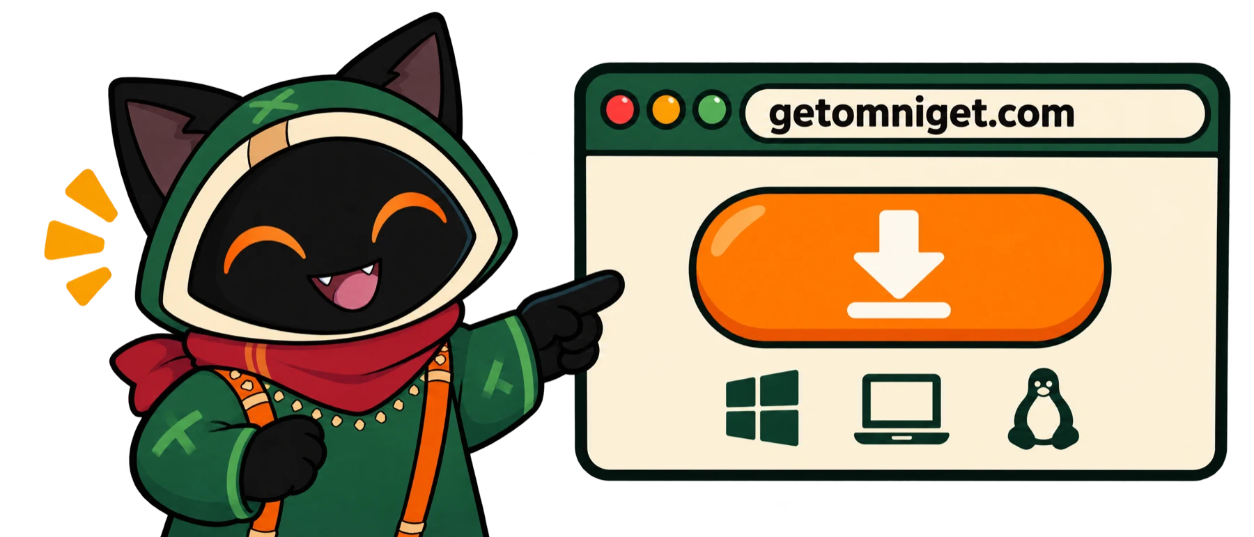 Loop points at a browser open on getomniget.com, with a big orange download button and icons for Windows, macOS and Linux