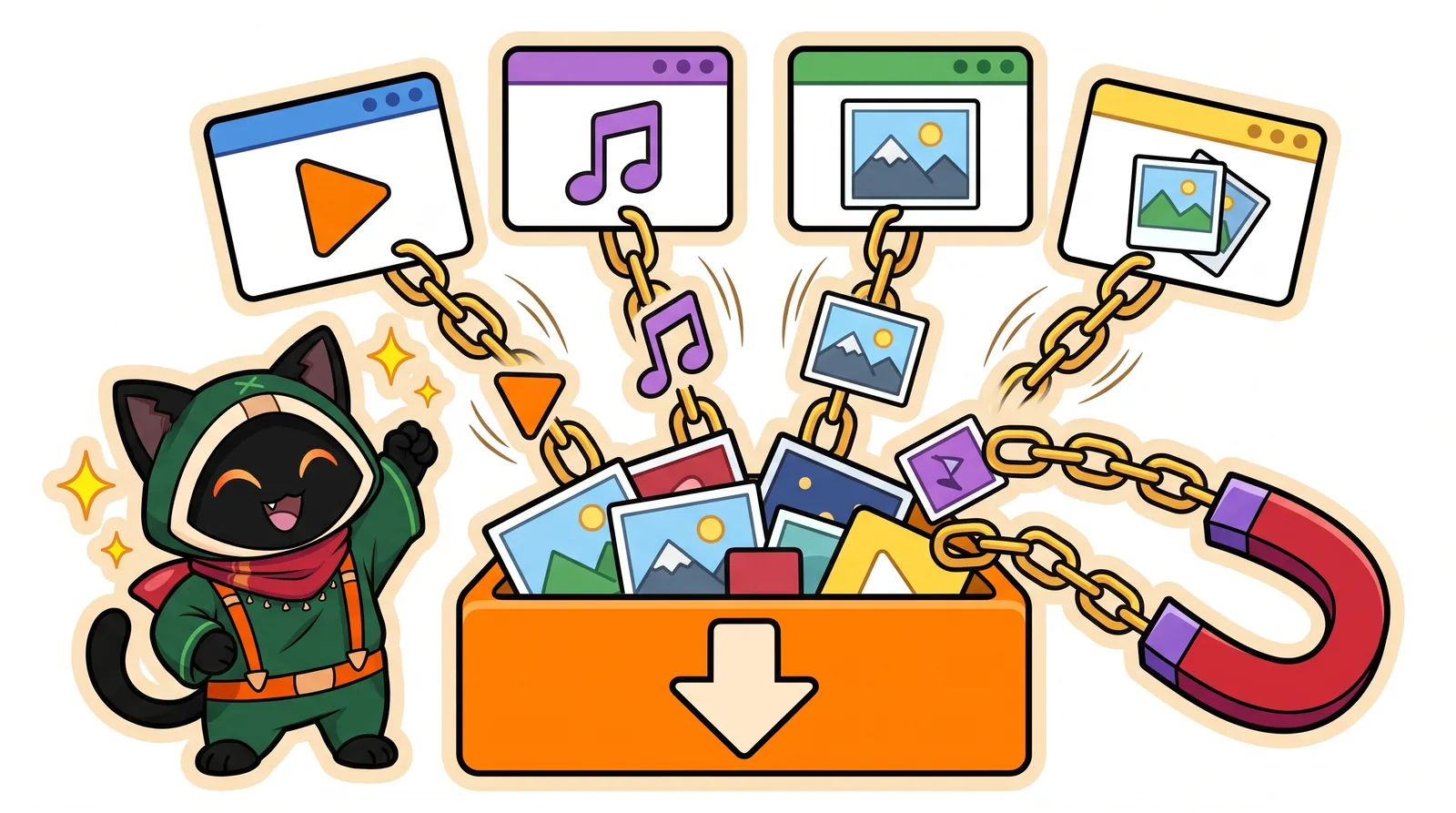 Loop cheers as videos, music, photos and a magnet fly along chain links from browser windows into an orange download tray