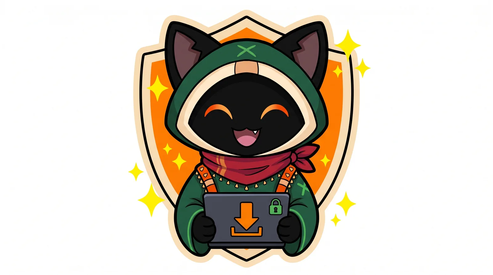 Loop holding a laptop with the OmniGet download icon and a green padlock, in front of an orange shield