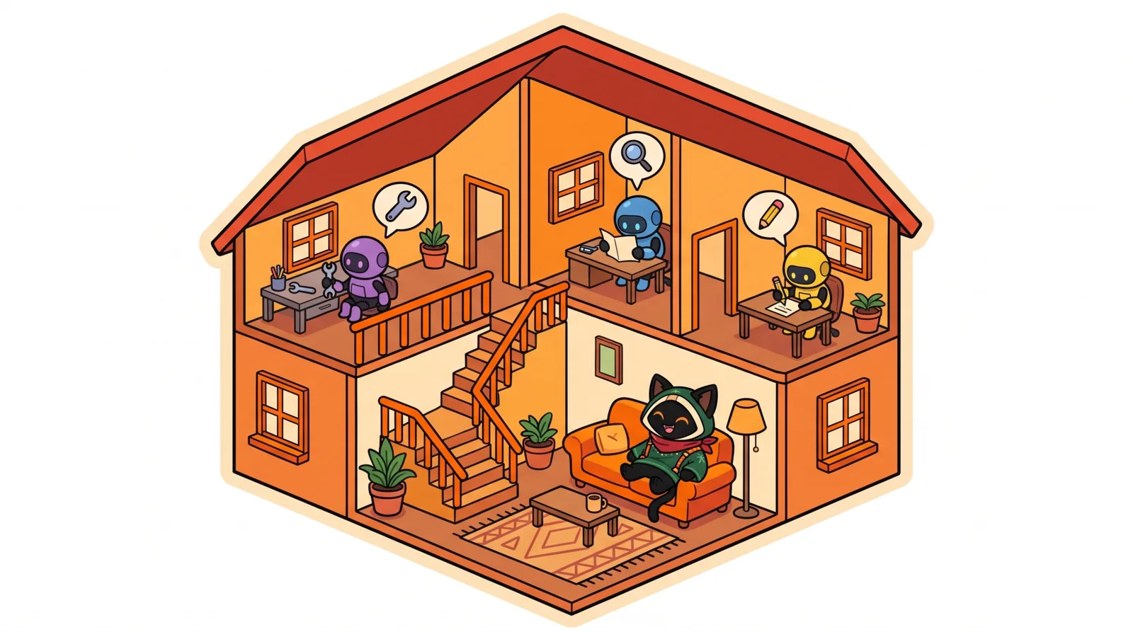 A cutaway isometric house where three robot agents work at their own benches with tool balloons while Loop relaxes on the sofa